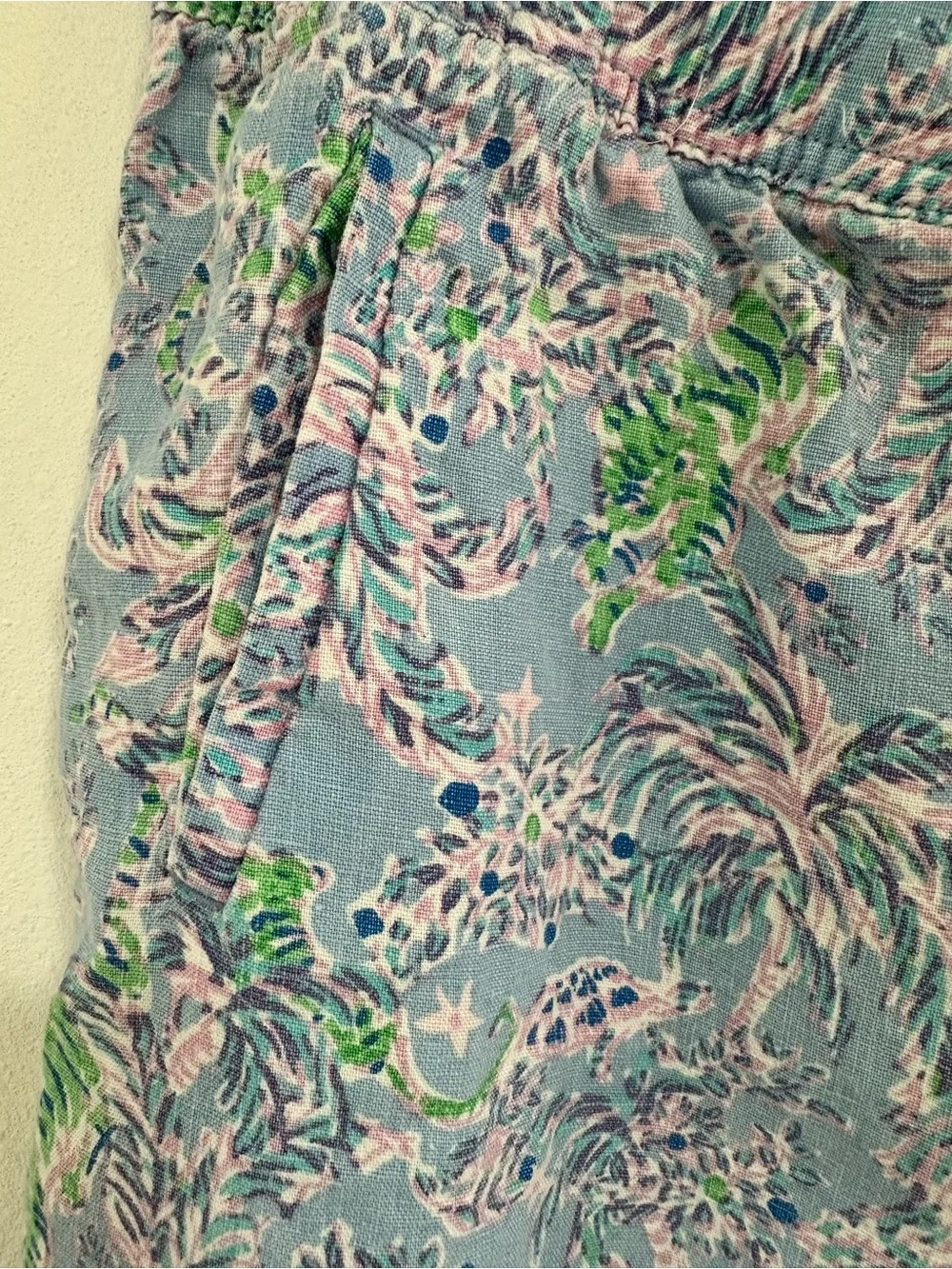 Lilly Pulitzer Taron Pants Women’s Large 100% Linen Blue Tropical Beach Print